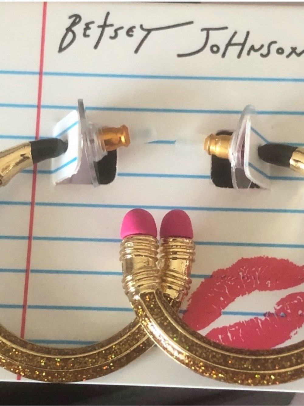 Betsey Johnson Gold Glitter Hoop Earrings with Pink Erasers